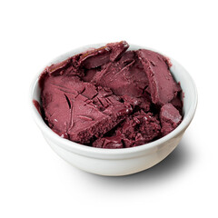 Brazilian Frozen Açai Berry on a white round pot. Isolated on White background.