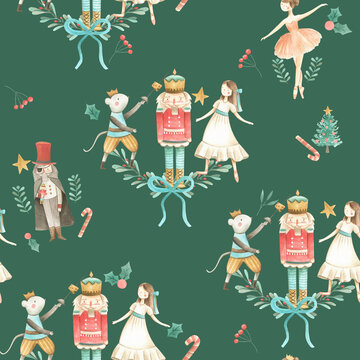 Nutcracker watercolor illustration Christmas seamless pattern 