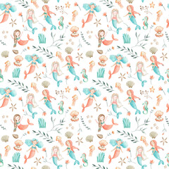 Mermaids watercolor children pattern illustration 