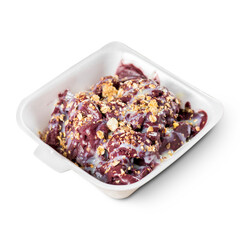 Brazilian Frozen Açai Berry with condensed milk and Granola on a Styrofoam lunch box ready to go. Isolated on White Background