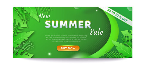Summer sale banner template with gradient tropical leaves background