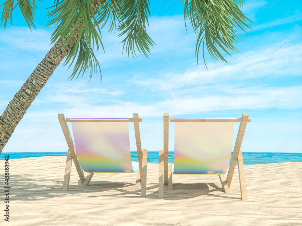 Poster Abstract summer beach scene with beach chairs background. 3d rendering.