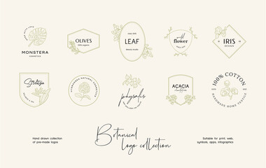 Hand drawn line art floral vector logo design collection. Botanical illustrations of elegant signs and badges for beauty, cosmetics, spa and wellness, fashion, wedding agency.