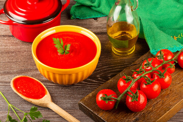Delicious homemade tomato soup in bowl.
