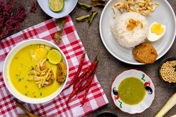 Nasi Soto Ayam or Soto Medan is  Traditional chicken soup with rice from Medan, North Sumatra. 

Soto is a traditional Indonesian soup mainly composed of broth, meat, fried patties and vegetables.