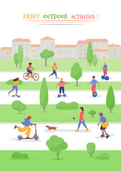 Vertical poster of people doing outdoor sport activity: running, walking dog, roller skating, skateboarding, bicycling, electric scooter, monocycle, hoverboard in the green park of the city. 