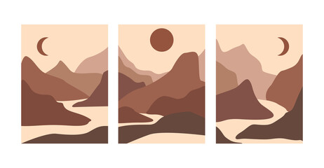 Set of abstract landscape posters. Aesthetic background landscape with mountains. Arth tones, burnt orange, terracotta colors. Modern minimalist art print. Boho wall decor.