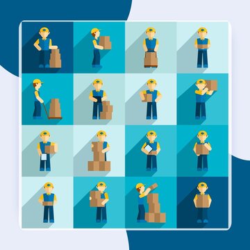 Delivery man courier job merchandise business icon flat set isolated vector illustration