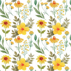 Seamless pattern of yellow flower with watercolor