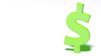 Green dollar sign at the right border of a white clean empty background - 3D rendering illustration