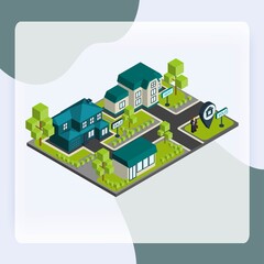 Isometric town concept with 3d buildings and real estate agent icons vector illustration