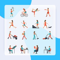 Physical activity icons set with people working cycling training isolated vector illustration