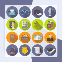 Law icon flat set with lawyer jail court jury isolated vector illustration