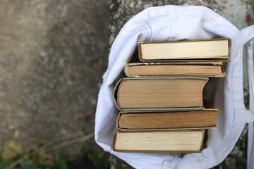 Linen tote bag filled with vintage books. Top view.