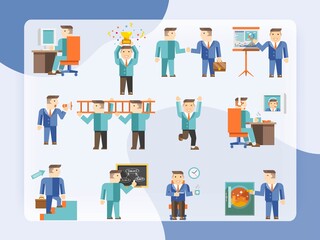 Businessman working flat icons with workflow teamwork and coffee break symbols set isolated vector illustration