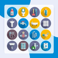 Plumber service tools kit flat pictograms set with heater system damage sections round abstract isolated vector illustration