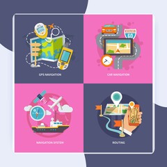 Car 60 Route map and GPS navigation system device 4 flat icons composition abstract isolated vector illustration