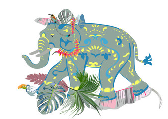 Floral background with tropical summer and spring flowers, palm leaves,  an elephant. Hand drawn vector illustration.