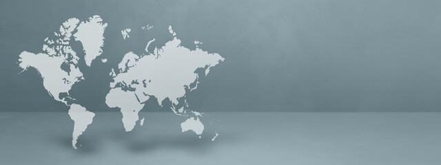 World map on grey wall background. 3D illustration. Horizontal banner