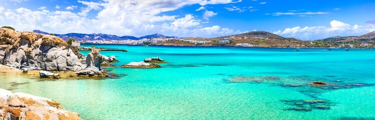 Greece sea and best beaches. Paros island. Cyclades. Kolimbithres -famous and beautiful beach in Naoussa bay - obrazy, fototapety, plakaty