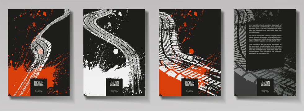 Tire tracks, vector illustration, grunge. For background page, brochure template, booklet, flyer.