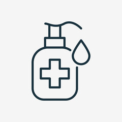 Hand Sanitizer Bottle Linear Icon. Hygiene Product Line Icon. Antiseptic Liquid or Sanitizer Gel for kill Bacteria, Fungi. Disinfection Alcohol Bottle with Pump. Editable stroke. Vector illustration