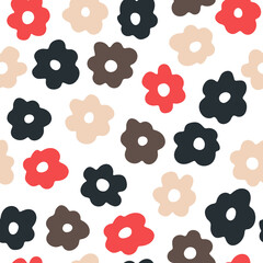 Vector seamless pattern with colored hand drawn flowers on white background. Doodle cute illustration.