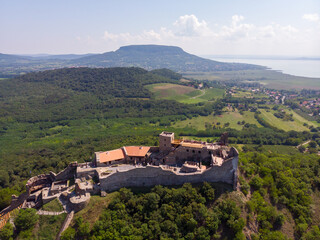 Fototapeta na wymiar Aerial view from Szigliget castle during the day, in the background Badacsony hill, in the Balaton Uplands lies in a beautiful place