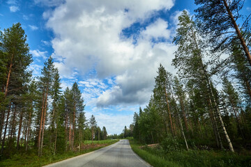 Fototapeta na wymiar View from relief car windscreen on the blue sky with white clouds, grey asphalt road and landscape with forest and green teeses. Landscape through window