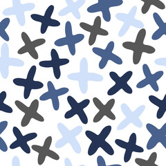Vector seamless pattern with black, dark blue, light blue abstract crosses on white background. Hand drawn doodle illustration.