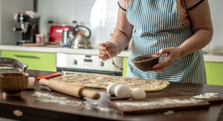 Woman is sprinkling cinnamon on raw dough to make fragrant homemade buns. Concept of the cooking process of baking