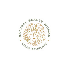 Elegant Beautiful Woman with Floral Leaf Hair for Natural Organic Beauty Shampoo Cosmetic Logo design