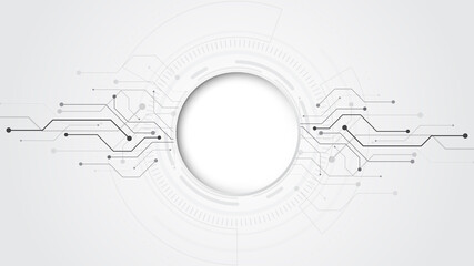 Grey white Abstract technology background with various technology elements Hi-tech communication concept innovation background Circle empty space for your text