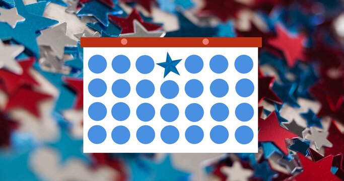 Composition of token template card and blue star over american flag coloured stars
