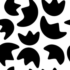 Vector seamless pattern with black, abstract flower on white background. Hand drawn doodle illustration.