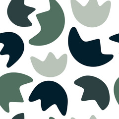 Vector seamless pattern with blue, green, light and dark abstract flower on white background. Hand drawn doodle illustration.