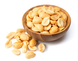 roasted peanuts in the wooden bowl, isolated on white