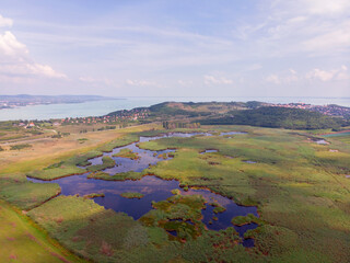 Aerial view of the city of Tihany and the abbey of Tihany, in the background the lake Balaton, in the Balaton upland