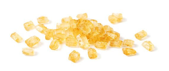 close up of yellow sugar crystal isolated on white background