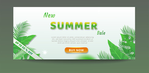 Summer sale banner template with tropical leaves background
