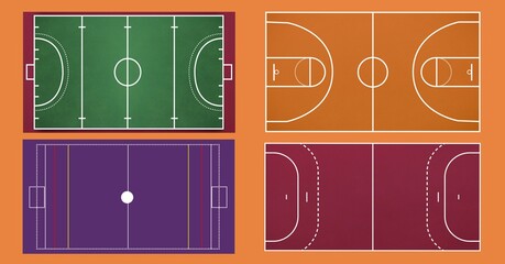 Composition of different sports fields on orange background