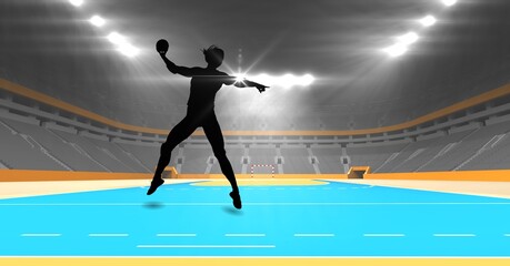 Composition of female handball player over sports stadium