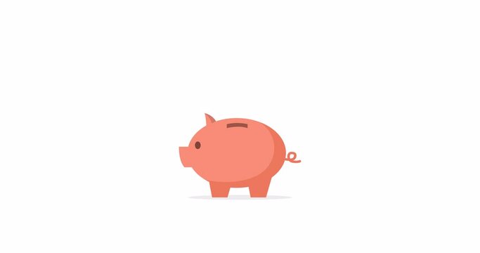 Animation of coins falling into a piggy bank. Money accumulation or financial profit concept. Flat style. Alpha channel. 4K
