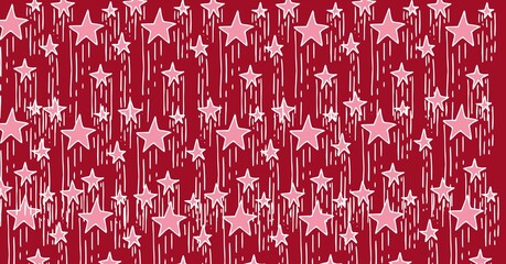 Composition of multiple pink stars with trails on red background