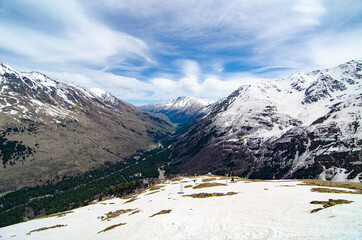 Panorama of a beautiful mountain landscape in the Elbrus region of Kabardino-Balkaria. Mountains in the snow