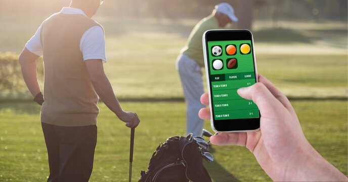 Composition of man using smartphone with sports app over two golf players