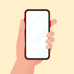 Hand holding mobile phone, flat design mockup. Vector isolated illustration