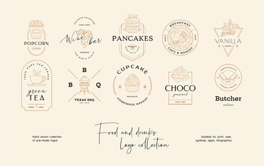 Hand drawn food pre-made logo design template collection. Graphic icon symbol for cafe, restaurant, cooking business. Modern minimal line art label, emblem, badge. Branding design template.