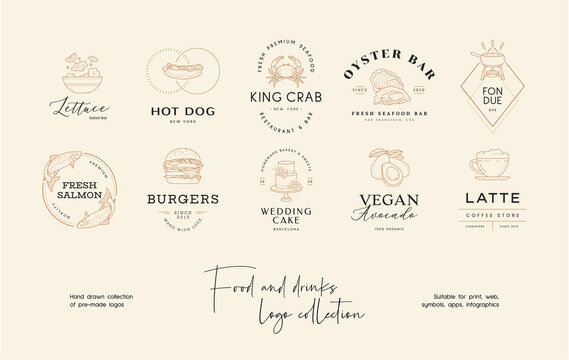 Hand drawn food pre-made logo design template collection. Graphic icon symbol for cafe, restaurant, cooking business. Modern minimal line art label, emblem, badge. Branding design template.