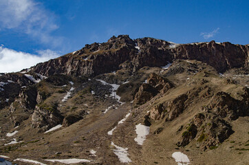 Panorama of a beautiful mountain landscape in the Elbrus region of Kabardino-Balkaria. Mountains in the snow